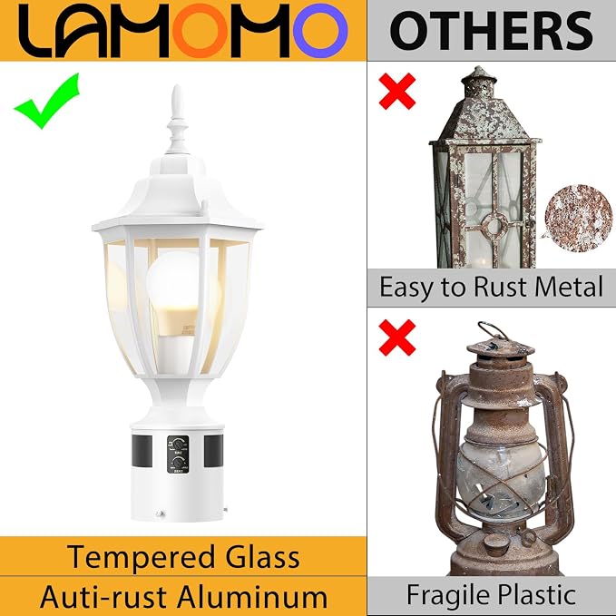 Lamomo Motion Sensor Outdoor Post Lights, Dusk to Dawn Lamp Post Light Fixture, Waterproof Aluminum Lamp Posts Outdoor Lighting Pole Lantern for Yard Patio Pathway Garden, White