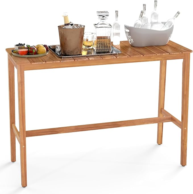 HAPPYGRILL Acacia Wood Outdoor Bar Table 55 Inch, Rectangular Pub Table with Slatted Top and Adjustable Foot Pads, for Hot Tub, Balcony, Garden and Poolside