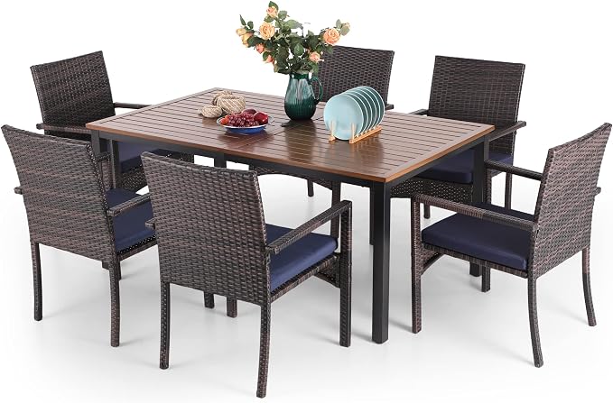 Sophia & William 7pc Patio Dining Set, Wood-Like Metal Table, Wicker Chairs | All Weather Patio Table and Chairs Set for 6, Perfect for backyard, deck, porch