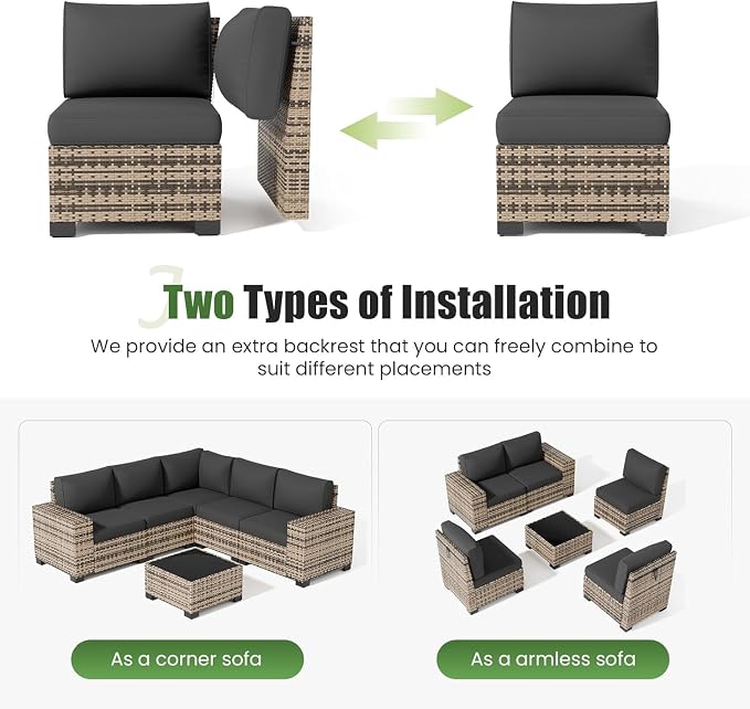 UDPATIO Patio Furniture Set L-Shaped, 8" Width Armrest Sectional Set, Al Weather PE Rattan Conversation Furniture with High Density Cushions and Coffee Table for Outdoor Backyard Porch Grey