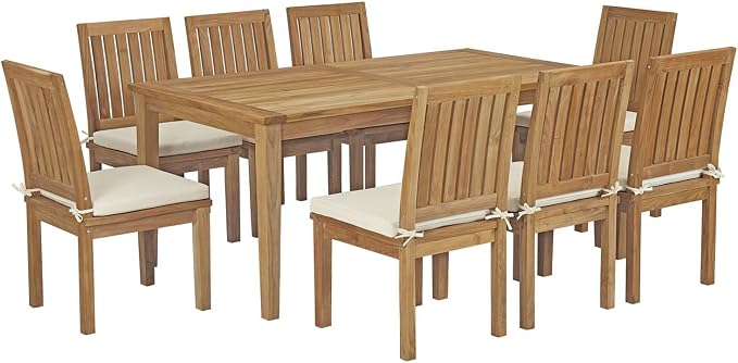 Modway EEI-3315-NAT-WHI-SET Marina 9 Piece Patio Teak Outdoor Dining Set in Natural White, Eight Side Chair/One Table,