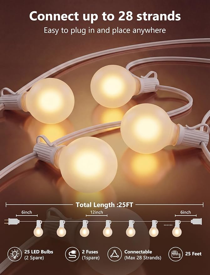 25Ft G40 LED Frosted White String Lights Outdoor with 27 Shatterproof Globe Bulbs Patio Lights White Wire, Waterproof Hanging Bistro Lights for Wedding Party Backyard Garden Porch Christmas Decor
