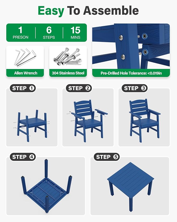 YEFU HIPS Outdoor Table and Chairs : Square Family-Friendly Patio Dining Sets - 5-Piece All-Weather Easy-Clean Outdoor Dining Set - Modern Furniture for Garden Deck Backyard Poolside（Navy）