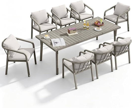 9 Pieces Never-Rust Aluminium Outdoor Dining Set, Patio Dining Table Set for 8, Patio Dining Set with Rectangle Table, Outdoor Dining Chairs with Removable Cushions for Deck, Balcony, Gray Oak