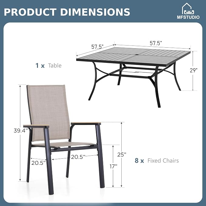MFSTUDIO 9 Piece Outdoor Dining Set, Metal Table & Aluminum Chairs, Beige | Stackbale chairs, Light-weight & space-saving, Square Table, Umbrella Hole, Patio deck, 8 person