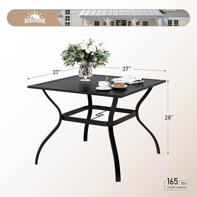 SUNSHINE VALLEY 37" Patio Dining Table for 4, Square Patio Table with Umbrella Hole,E-Coating and Powder Coating Steel Frame Metal Outdoor Patio Table for Garden Backyard Lawn Yard