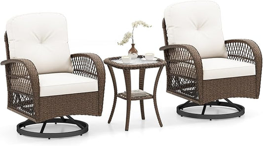 ORALNER 3 Pieces Wicker 360° Swivel Rocker Set Patio Furniture, Rocking Chairs with Cushions, Tempered Glass Coffee Table, Outdoor Rattan Bistro Set for Balcony Front Porch Deck Poolside (White)