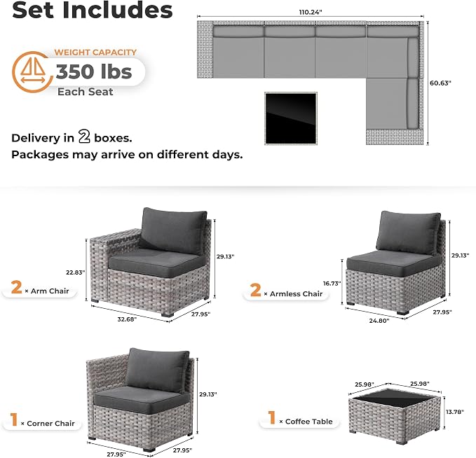 ovios 6 Pieces Patio Furniture Set, Outdoor Wicker Sectional Sofa with Coffee Table Comfy Cushions, Modern Modular Deep Seat Couch Rattan Conversation Set, Black
