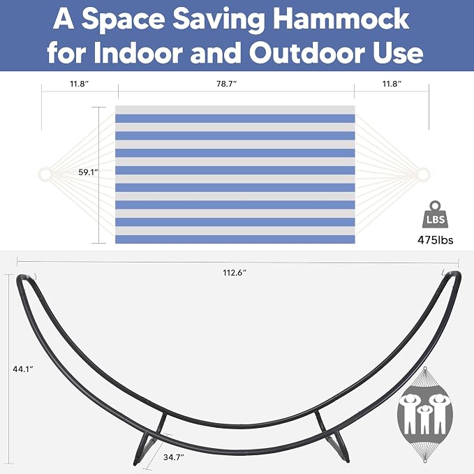 SUNCREAT Portable Large Hammock with Stand, Two Person Hammock with Stand Included, Patent Pending, Blue White