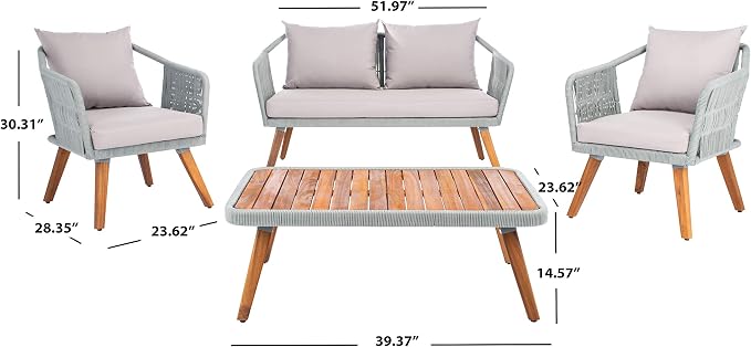 SAFAVIEH Outdoor - Raldin Grey Rope 4-Piece Patio Set, Eucalyptus Wood Conversation Set with Cushions, Outdoor Sofa, Chairs & Coffee Table (PAT7049C)