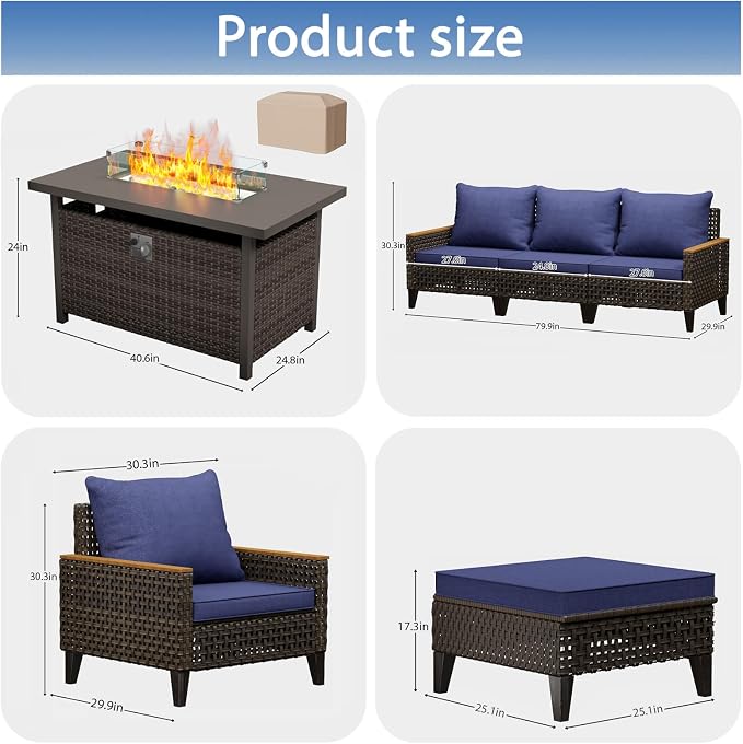 15 Piece Patio Furniture Set with 50000 BTU Propane Fire Pit Table, All-Weather Wicker Rattan Outdoor Sectional Sofa Set with High Back and Thick Cushions for Garden, Porch, Poolside, Blue