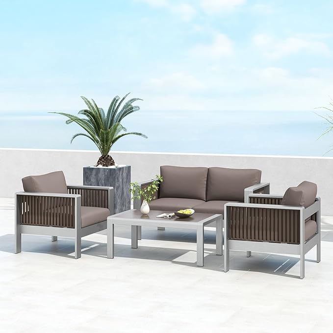 Tangkula Outdoor Rectangle Coffee Table, Aluminum Side Table w/Tempered Glass Tabletop & Lightweight Aluminum Frame, Patio End Table for Backyard, Garden, Poolside (Gray)