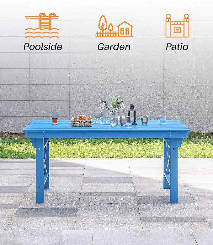 HDPE Outdoor Dining Table, 66.9” Rectangle Patio Dining Table for 6, All-Weather HDPE Outdoor Table with 2.2” Umbrella Hole, HDPE Patio Furniture for Deck, Backyard, Garden, Pool, Sky Blue