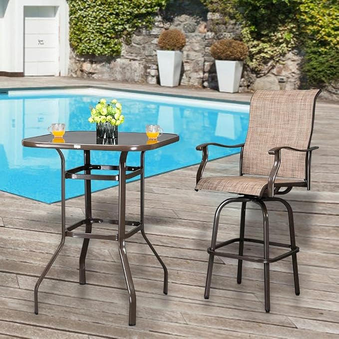 Kopokd Outdoor Bar Table Brown - Furniture Set for Garden Bistro - Bar Height Wrought Iron Table with Glass Top