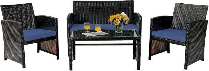 Tangkula 4 Pieces Rattan Furniture Set, Outdoor Conversation Set w/Chair & Loveseat & Tempered Glass Coffee Table, Suitable for Garden, Backyard, Poolside, Patio Furniture Set for 4 (1, Blue)