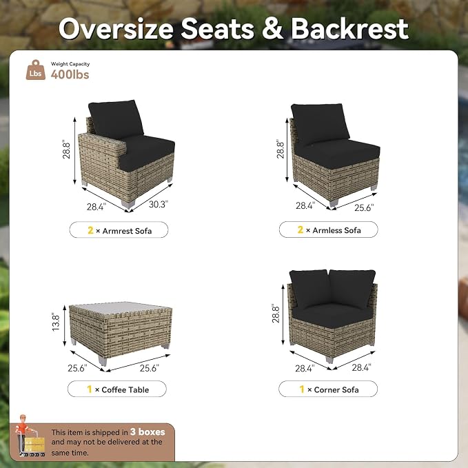 LazySunsets Luxury Patio Furniture Set, All-Weather Patio Sectional Sofas with Thickened Cushions, 6 Piece Outdoor Furniture Set, Black