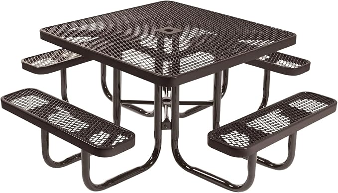 COATEDOUTDOORFURNITURE Heavy-Duty Portable Outdoor Picnic Table with Umbrella Hole, Expanded Metal Commercial-Grade Patio Dining Furniture Made in America (46" Square Top, Brown with Brown Frames)
