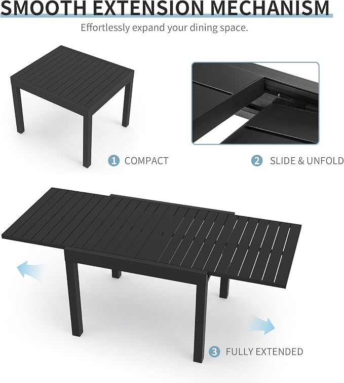 Expandable Patio Dining Table for 4-8 Person, Aluminum Extendable Outdoor Table, 38"-77" Adjustable Patio Table, Square/Rectangular Outdoor Accent Table for Garden, Backyard, Poolside, Black
