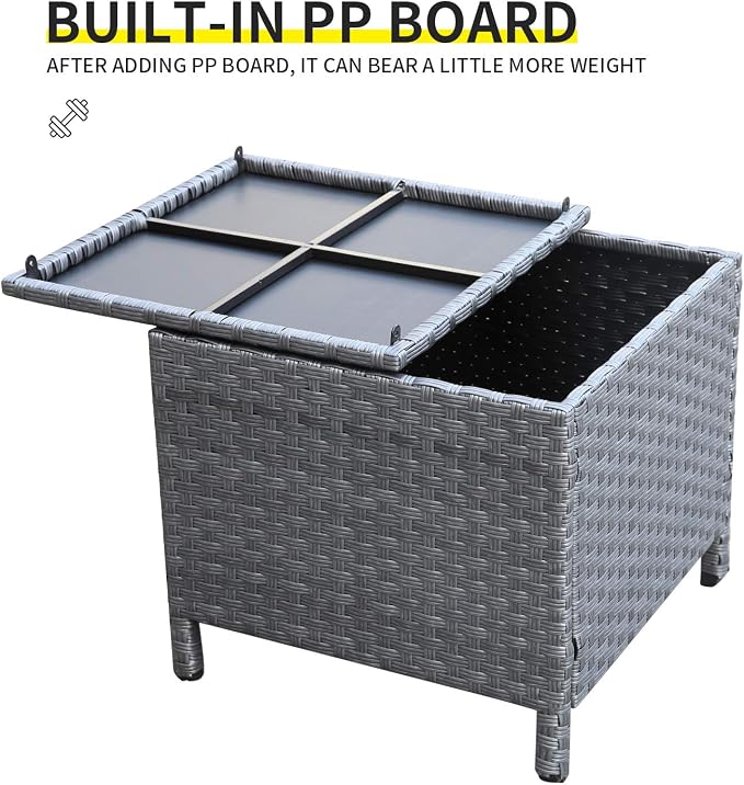 Lviden Outdoor Wicker Storage Side Table, Patio Grey PE Rattan End Table with Storage, Square Container for Furniture Covers, Toys, and Gardening Tools