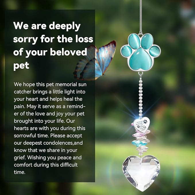 Dog Memorial Gifts for Loss of Dog, Pet Sympathy, Dog Memorial Suncatcher | Thoughtful Dogs and Cats Bereavement Remembrance Gifts, Natural Cat's Eye Paw Crystal Suncatcher