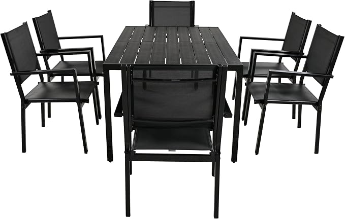 RuiSiSi 7 Pieces Outdoor Dining Table Set for 6, Steel Patio Dining Table and 6 Textilene Chairs for Yard, Garden, Porch and Poolside (Black)