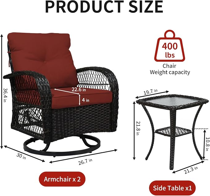 Outdoor Swivel Rocker Patio Chairs with Cushions，Outdoor Swivel Rocking Chairs Set of 2 with Rattan Side Table，360 Degree Swivel Seat Patio Furniture Set for Outside Porch Deck，3 Pieces