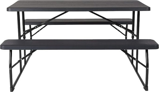 Flash Furniture Insta-Fold Picnic Table - Charcoal Wood Grain Folding Picnic Table Bench Set for Adults - 4.5 Foot Folding Table