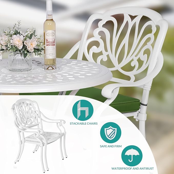 MEETWARM 5-Piece Outdoor Patio Dining Set, All-Weather Cast Aluminum Patio Conversation Set for Backyard Garden Deck with 4 Chairs, 4 Cushions and 35.4" Square Table, White