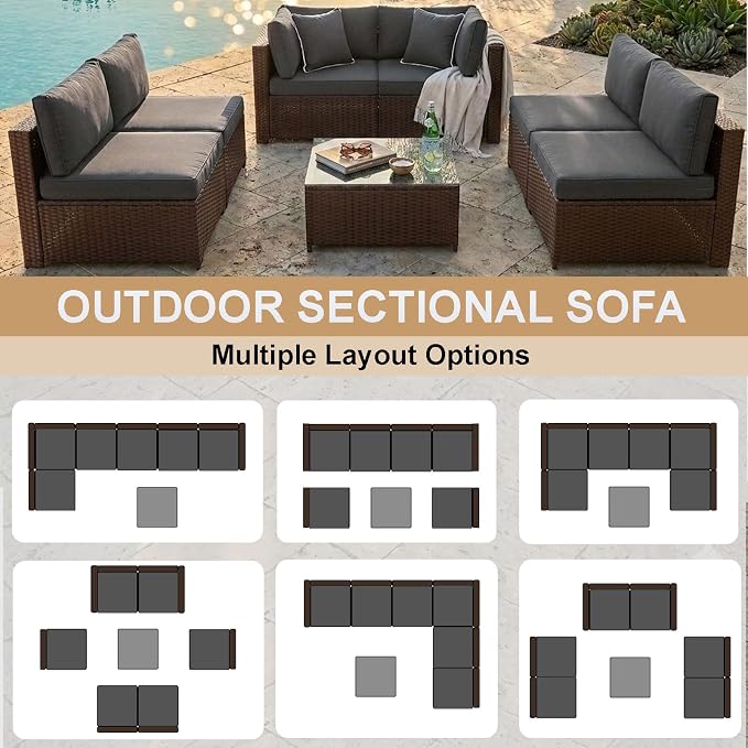 KIGOTY 7-Piece Patio Furniture Set, All-Weather PE Rattan Outdoor Sectional Sofa, Modular Wicker Conversation Set with Thick Cushions & Easy-Clean Coffee Table（Brown/Dark Grey）