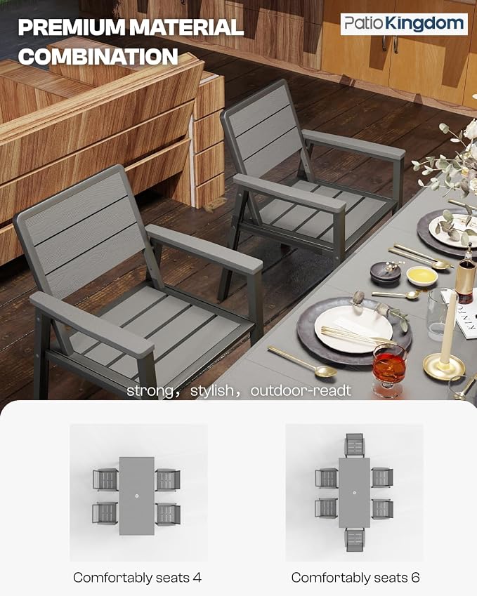 7-Piece Outdoor Dining Set with 15FT Umbrella,Grey | HDPE table, chairs included, aluminum frame, 2" hole design, weather-resistant furniture, perfect for backyard, deck, garden