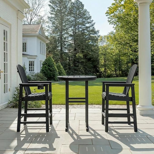 3-Piece HDPE Bar Height Table and Chairs Set, 31.1" Square High Top Pub Table with Umbrella Hole, 2 Adirondack Charis with Cup Holders, Outdoor Patio Dining Set for Bistro Backyard Deck Black