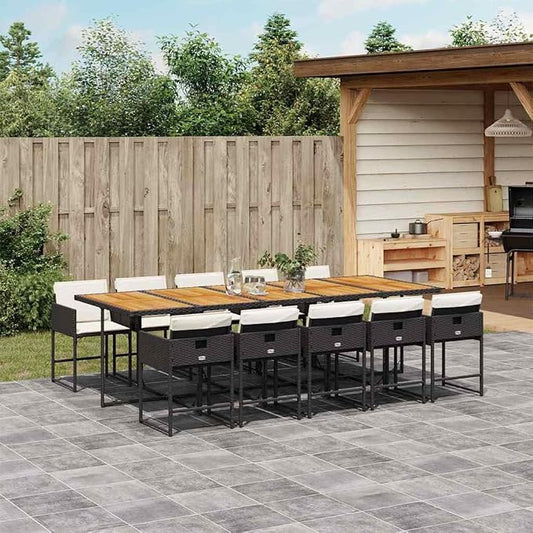 11 Piece Outdoor Patio Dining Set with Cushions, Black Poly Rattan Wicker Table and 10 Chairs for Backyard Garden Lawn, Space-Saving Folding Seats with Removable Washable Covers, 242. 5 lb Capacity