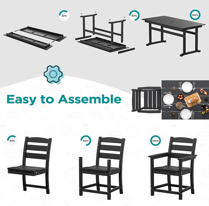 nalone 5-Piece Patio Dining Table Set, HDPE Outdoor Dining Sets with Table and 4 Chairs, Dining Furniture Set with Umbrella Hole (Black, 5 Pcs)