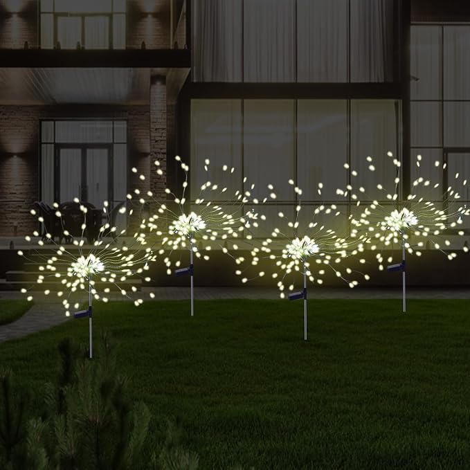 PXBNIUYA 2 Pack Solar Firework Lights Outdoor, 175 LED Garden Lights with 2 Modes, Waterproof DIY Copper Wire Solar Starburst Light for Yard Wedding Patio Halloween Christmas Decor（Warm White）