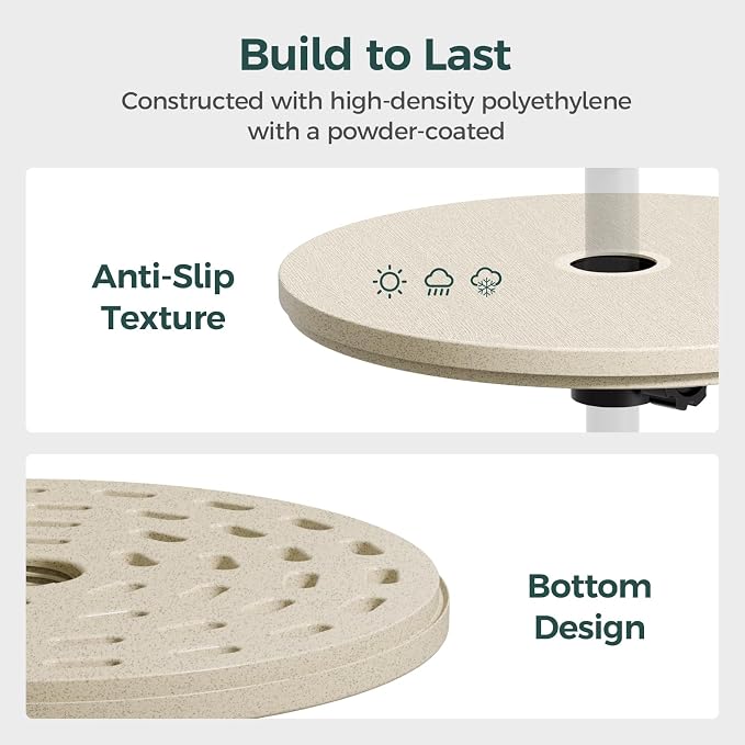 Umbrella Table, Umbrella Side Table, Patio Umbrella Table Tray with Hole, Beach Umbrella Base Table, Outdoor Table with Umbrella Hole for Garden, Balcony, Deck, Poolside, Beige
