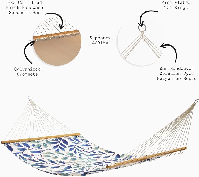 Fab Habitat Botanical Floral Recycled Polyester Hammock - Rainforest - White Multi - Indoor/Outdoor, Quick Dry, 2 Person 460 lbs Capacity - Patio, Poolside, Backyard - 12-14 ft Adjustable