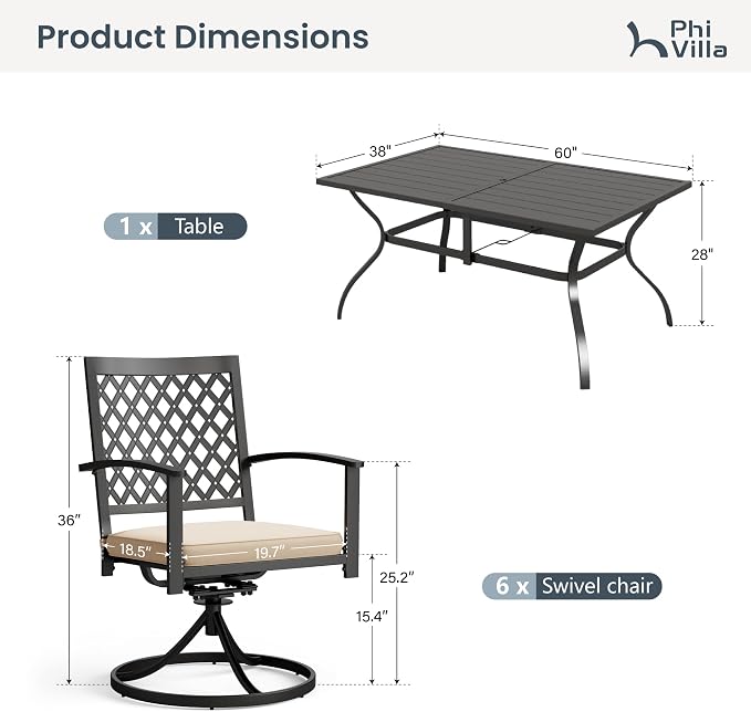 PHI VILLA Patio Dining Set for 6, Swivel Chairs& Metal Table | 60" Rectangle Metal Steel Table&Swivel Wrought Iron Chairs with Cushions,Large Furniture Set for Patio, Deck, Porch, Yard