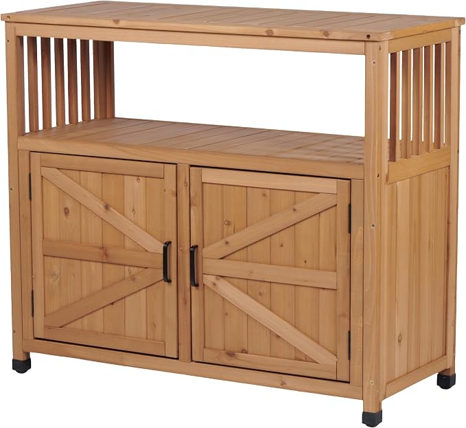 Wooden Outdoor Storage Cabinet, Bar Table Cabinet with Storage, Buffet Sideboard for Patio, Garden, Potting Bench, TV Stand, Balcony, Light Brown