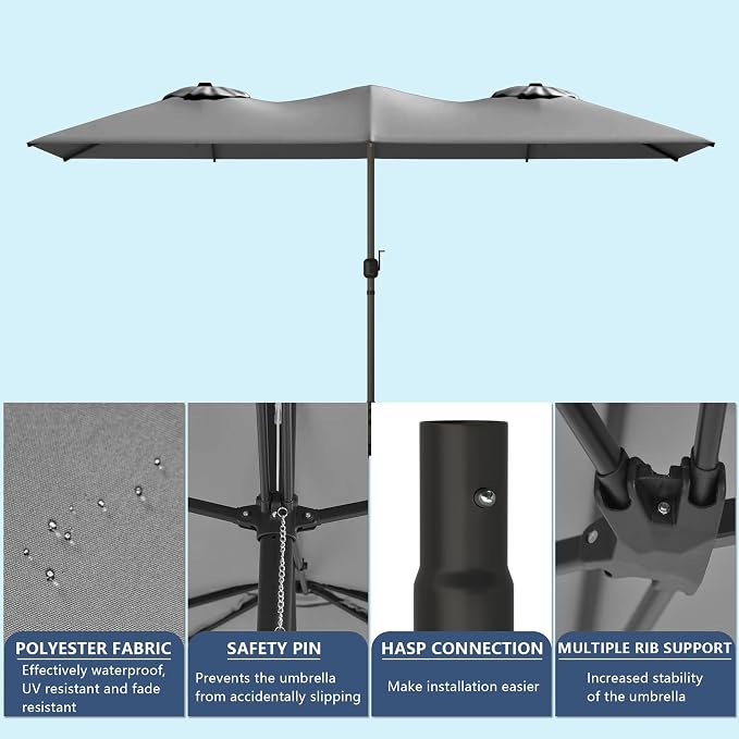 Gotland 7 Piece Outdoor Dining Table and Chairs for 6 with 14Ft Double-Sided Umbrella, Patio Swivel Dining Chairs for 6, Rectangular Patio Dining Table with Umbrella Hole Outdoor Patio Set