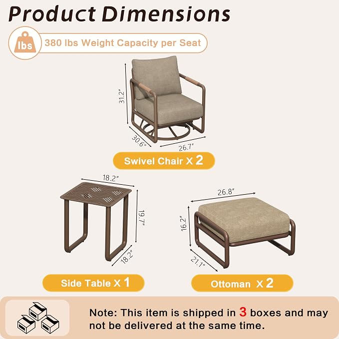 5-Piece Aluminum Outdoor Swivel Rocker Set with Ottomans, 6.5" Thick Cushions & 380LBS Capacity, Side Table Included for Porch, Backyard