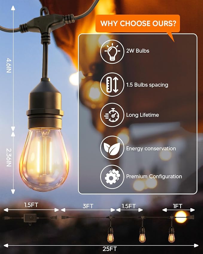 25FT S14 Outdoor String Lights, 15+2 Shatterproof Bulbs 2W, 1.5FT Spacing IP65 Waterproof| Dimmable with Remote, Heavy-Duty, Include Screw & Zip Ties for Patio Backyard Holiday Outside