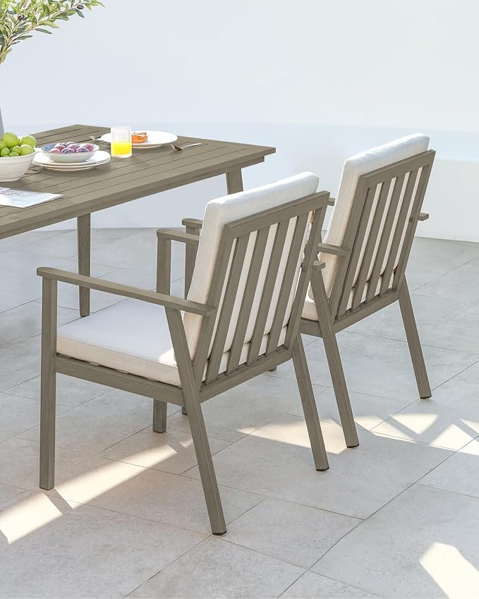 Never-Rust Outdoor Patio Dining Chairs, 2 Pieces Outdoor Aluminum Dining Chairs with Thickened Cushions, Patio Dining Furniture Chairs Set for Garden, Decks, Porch, Pool, Limed Oak