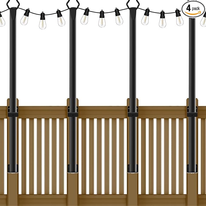 AHRLHR 5 Ft String Light Poles, 4 Pack String Light Poles for Outside with Fixing Clips,Metal Poles for Outdoor String Lights, Hanging Light Poles for Deck Fence Garden Backyard Wall Bistro