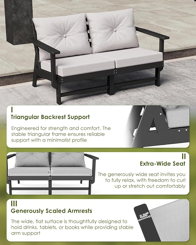 GREENVINES Outdoor-Loveseat | HDPE Plastic | Patio Furniture | All Weather Couch | Sofa with Detachable Armrests | for Porch Deck Lawn | Black Frame Light Gray Cushion