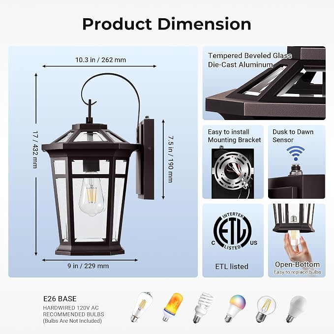 VIANIS Large Exterior Lighting Fixtures with Dawn to Dusk Sensor, Oil-Rubbed Bronze Front Porch Light, Waterproof ORB Outdoor Light Fixture, Aluminum Outside Wall Sconce for Garden, Entryway, Doorway
