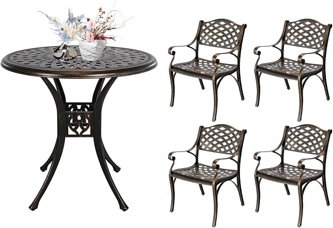 5 Piece Patio Dining Set, All Weather Cast Aluminum Outdoor Dining Table and Chairs Set of 4, Patio Furniture Conversation Set with 4 Chairs and 30.31" Round Table, 2.36" Umbrella Hole