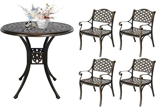 5 Piece Patio Dining Set, All Weather Cast Aluminum Outdoor Dining Table and Chairs Set of 4, Patio Furniture Conversation Set with 4 Chairs and 30.31" Round Table, 2.36" Umbrella Hole