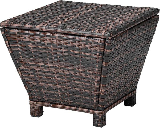 Outdoor Side Table with Storage, 13-Gallon Storage Box Outdoor Wicker Side Table for Patio Storage Table, Brown