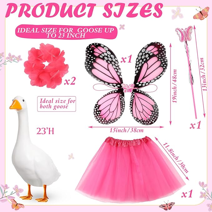 5pcs Butterfly Porch Goose Outfit Costume Tutu Skirt Butterfly Wing Wand Flower Crown for 17‘' 23‘' Cement Goose