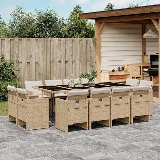 13-Piece Patio Dining Set with Cushions Beige Poly Rattan Outdoor Furniture Set, Tempered Glass Table & 12 Foldable Chairs for Garden Backyard Balcony